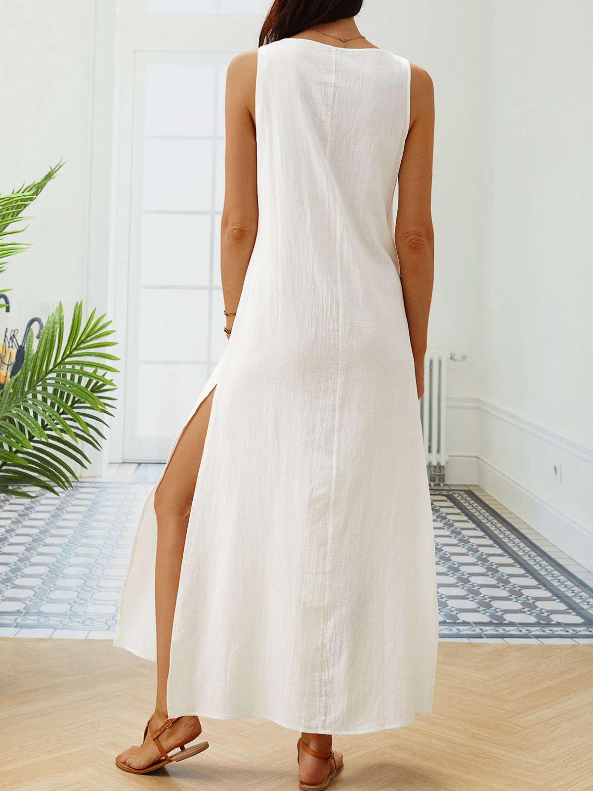 Loosen Vacation Linen Simple  Ethnic V Neck Short sleeve Woven Dress