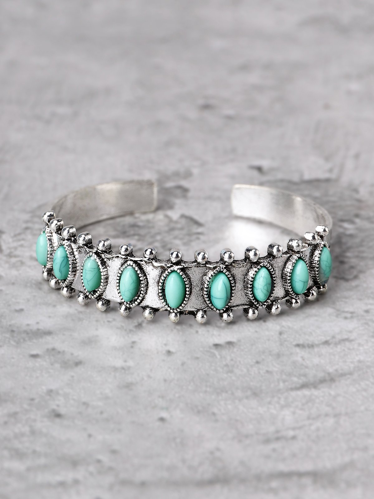 Silver Antique Distressed Inlaid Turquoise Cuff Bracelet Everyday Ethnic Jewelry