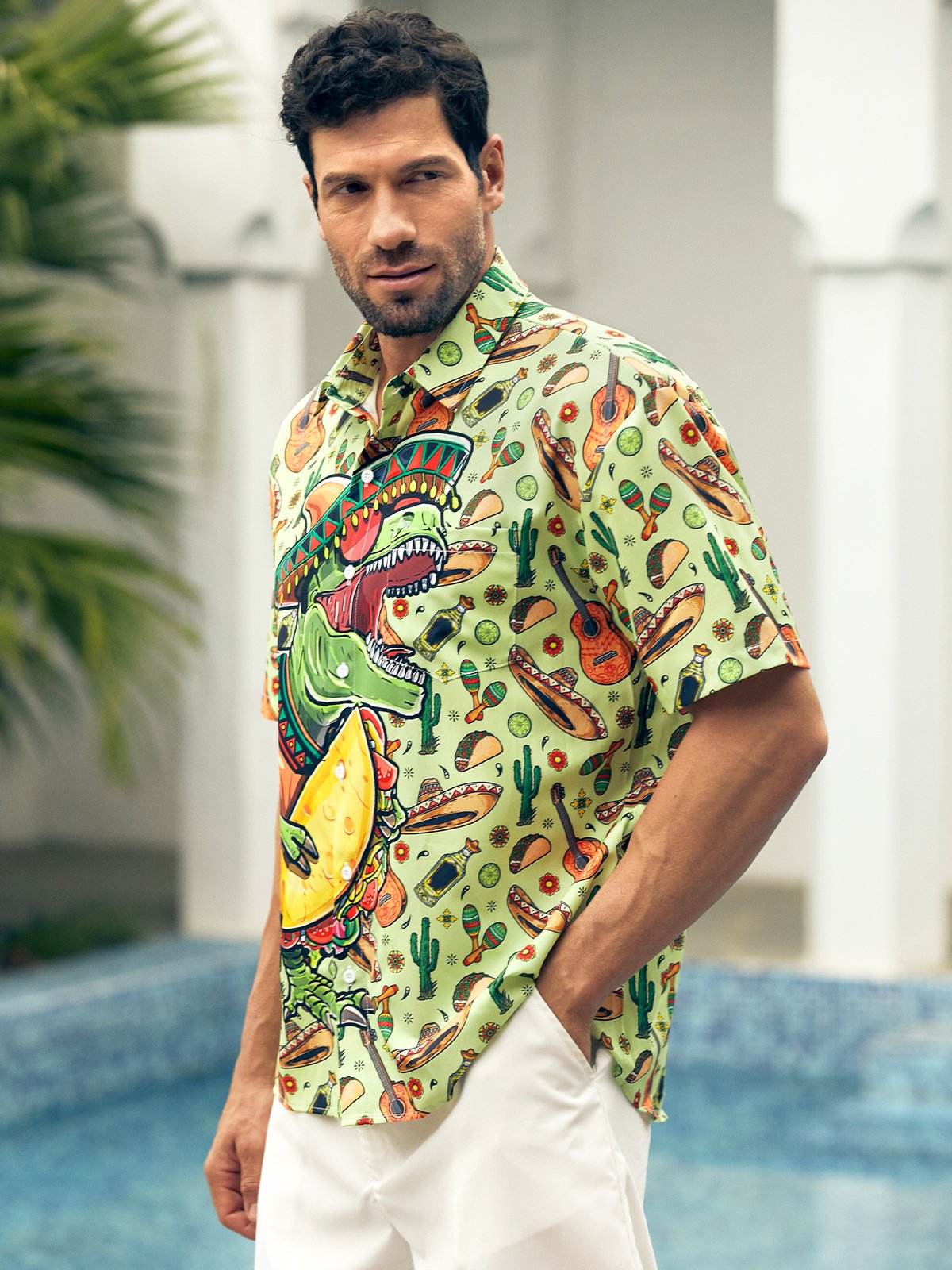 Cinco De Mayo Dinosaur Chest Pocket Short Sleeve Shirt