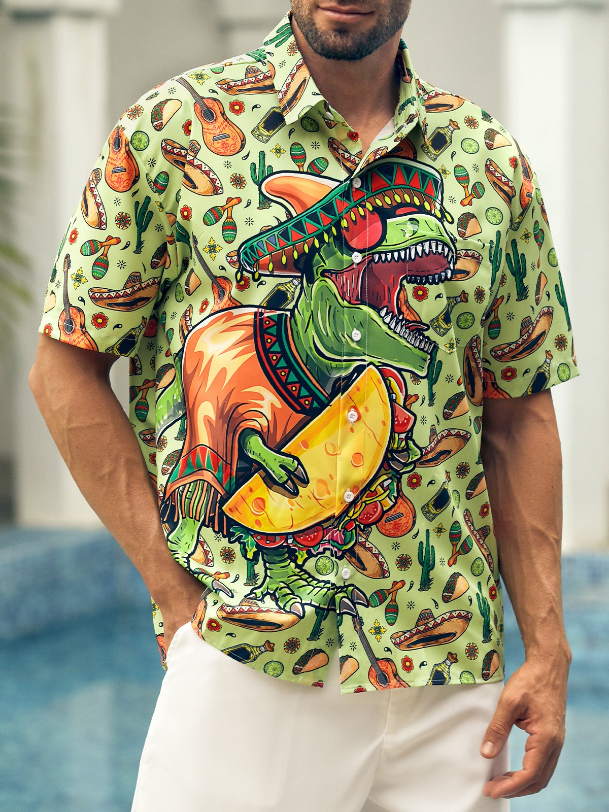 Cinco De Mayo Dinosaur Chest Pocket Short Sleeve Shirt