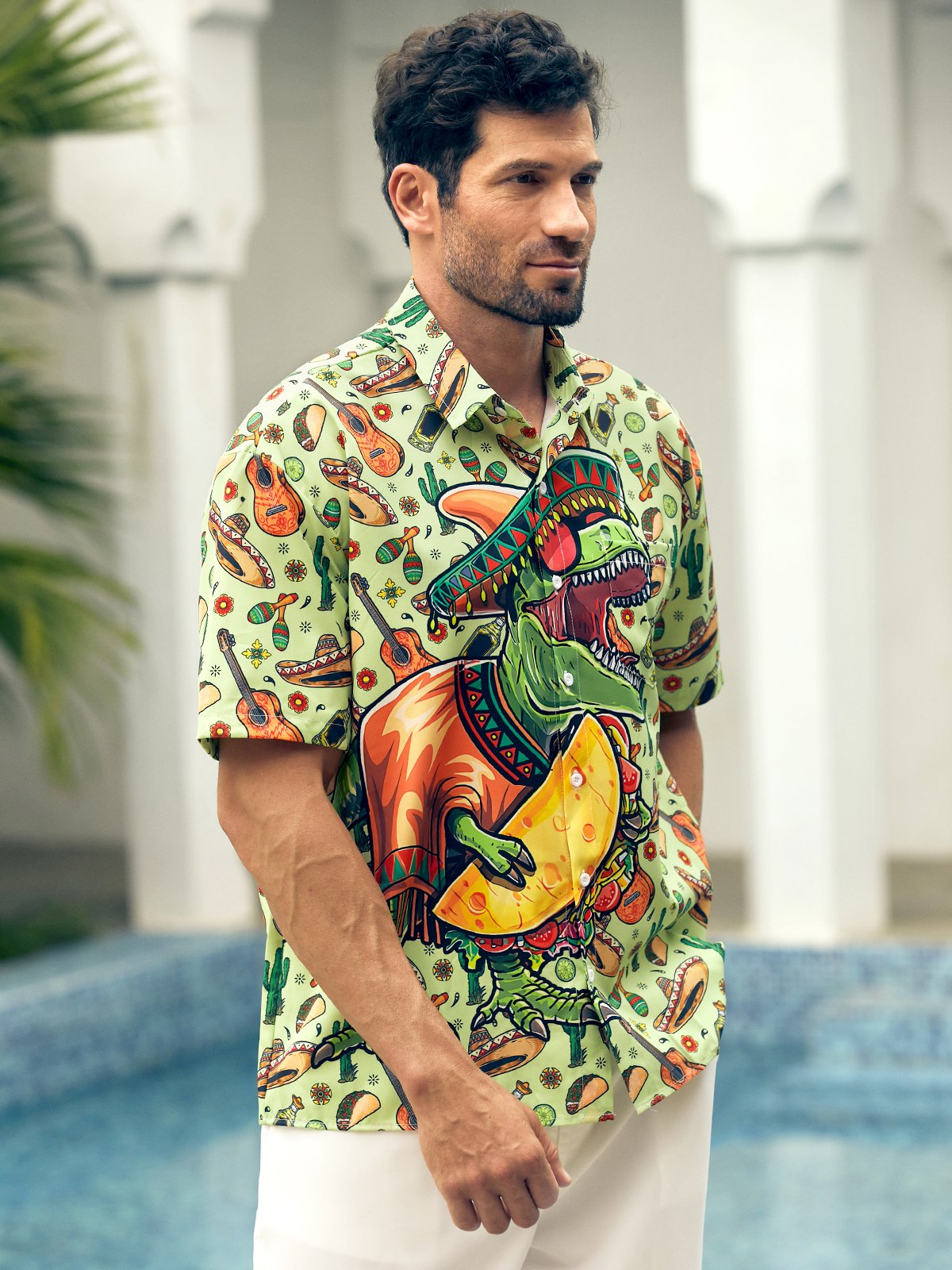 Cinco De Mayo Dinosaur Chest Pocket Short Sleeve Shirt