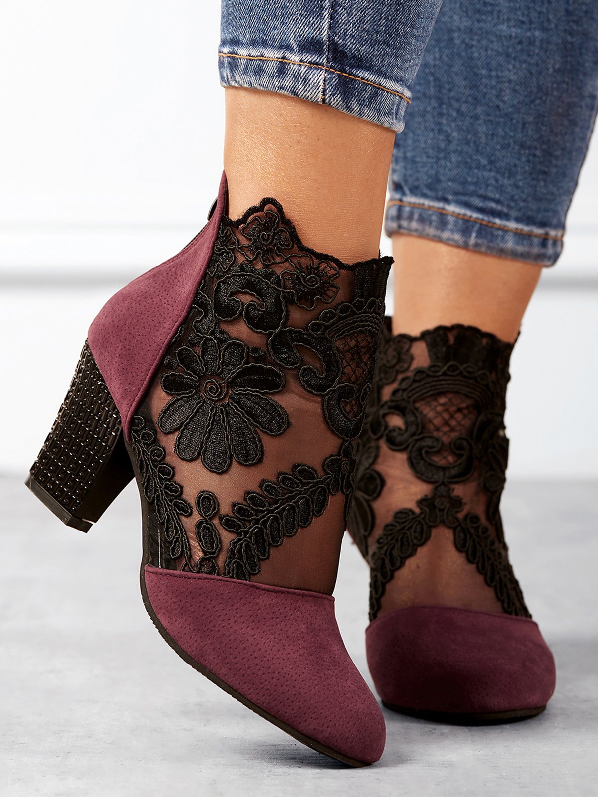 Lace Split Joint Chunky Heel Sandals Boots with Back Zip