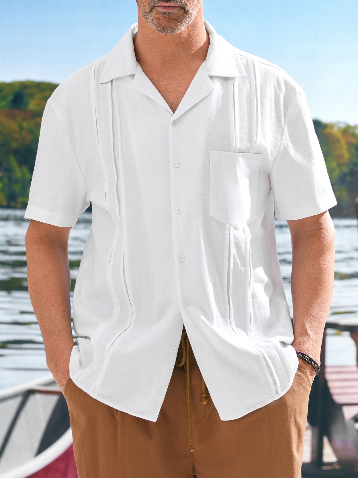 Cotton Chest Pocket Short Sleeve Guayabera Shirt