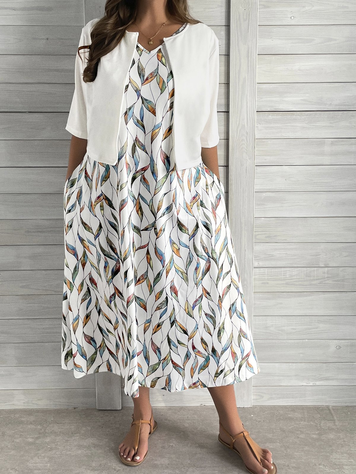 Plus Size Loose Casual Leaf Crew Neck Two-Piece Set
