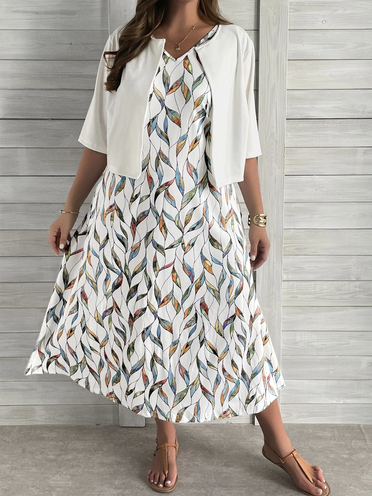 Plus Size Loose Casual Leaf Crew Neck Two-Piece Set