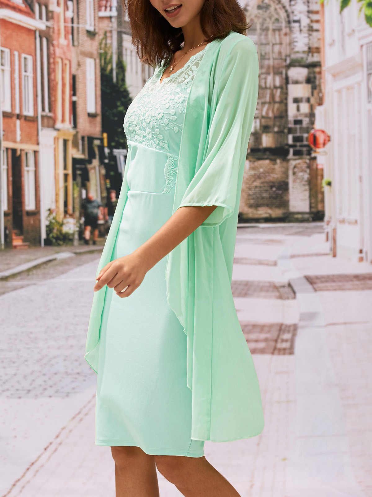 Elegant Plain Lace Stitching Vest Knitted Dress & Cardigan Two-piece Set