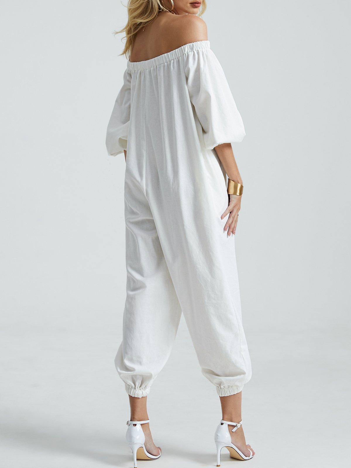 Vacation Cold Shoulder Long sleeve Plain Jumpsuit