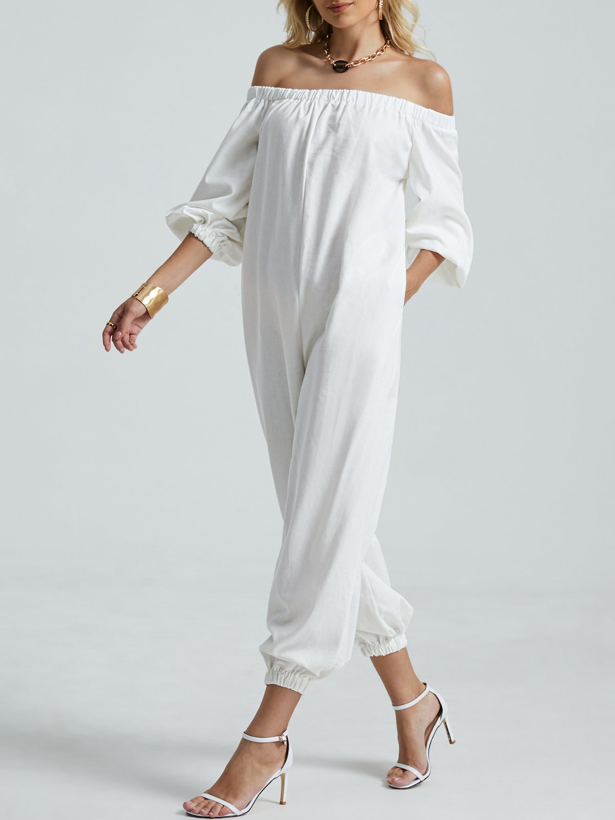 Vacation Cold Shoulder Long sleeve Plain Jumpsuit