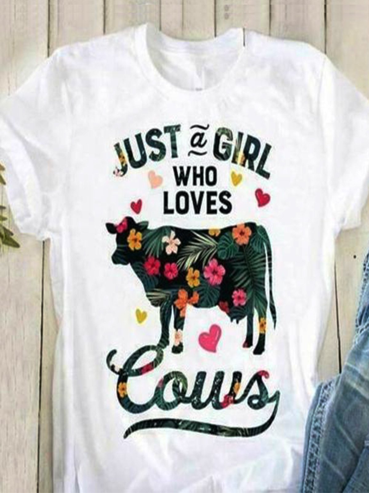 Casual loose summer cow flower pattern printed short sleeve round neck T-shirt