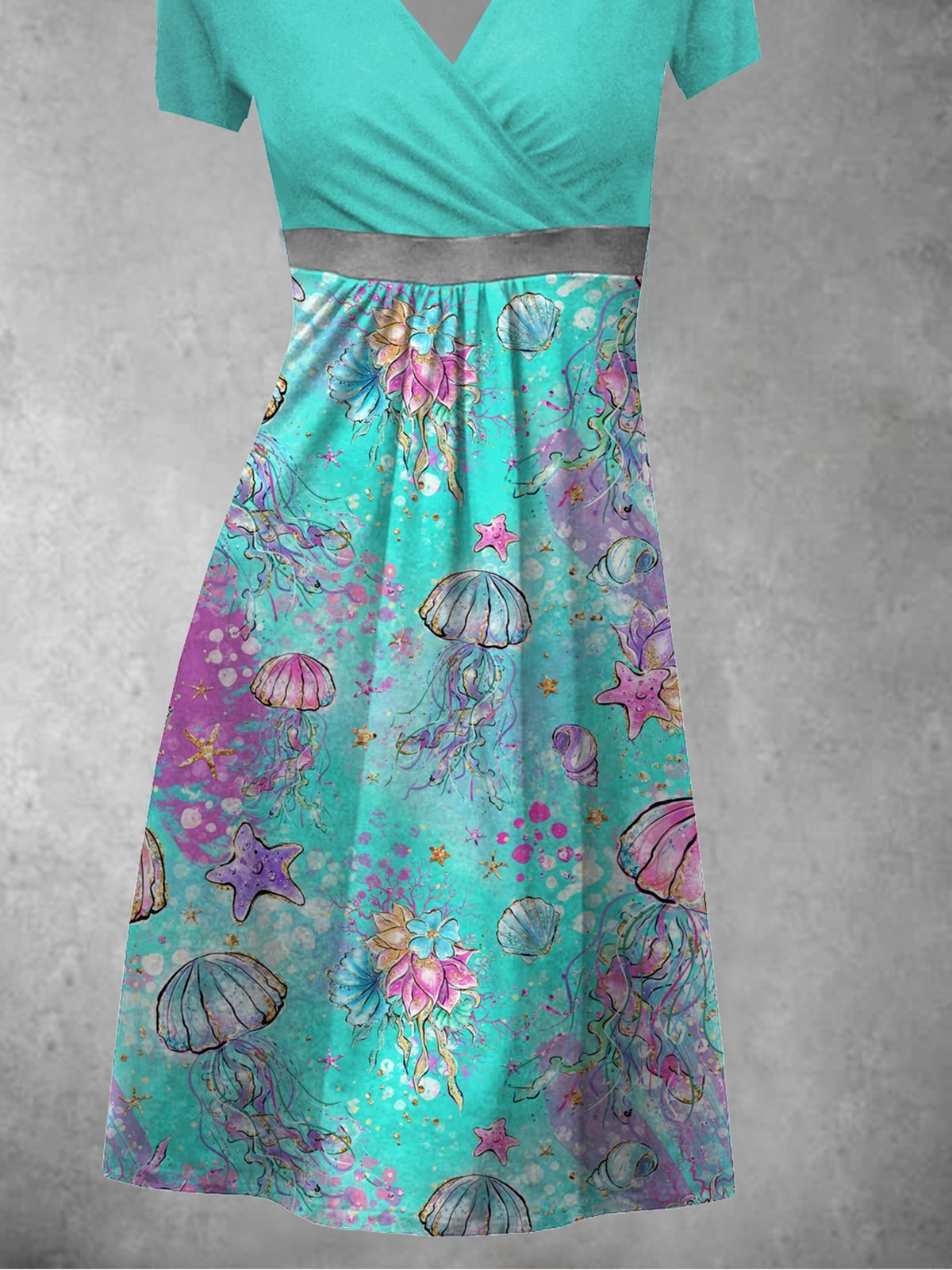 Summer Leisure Vacation, Waist Marine Jellyfish Holiday Short Sleeve A-Line Knitting Dress