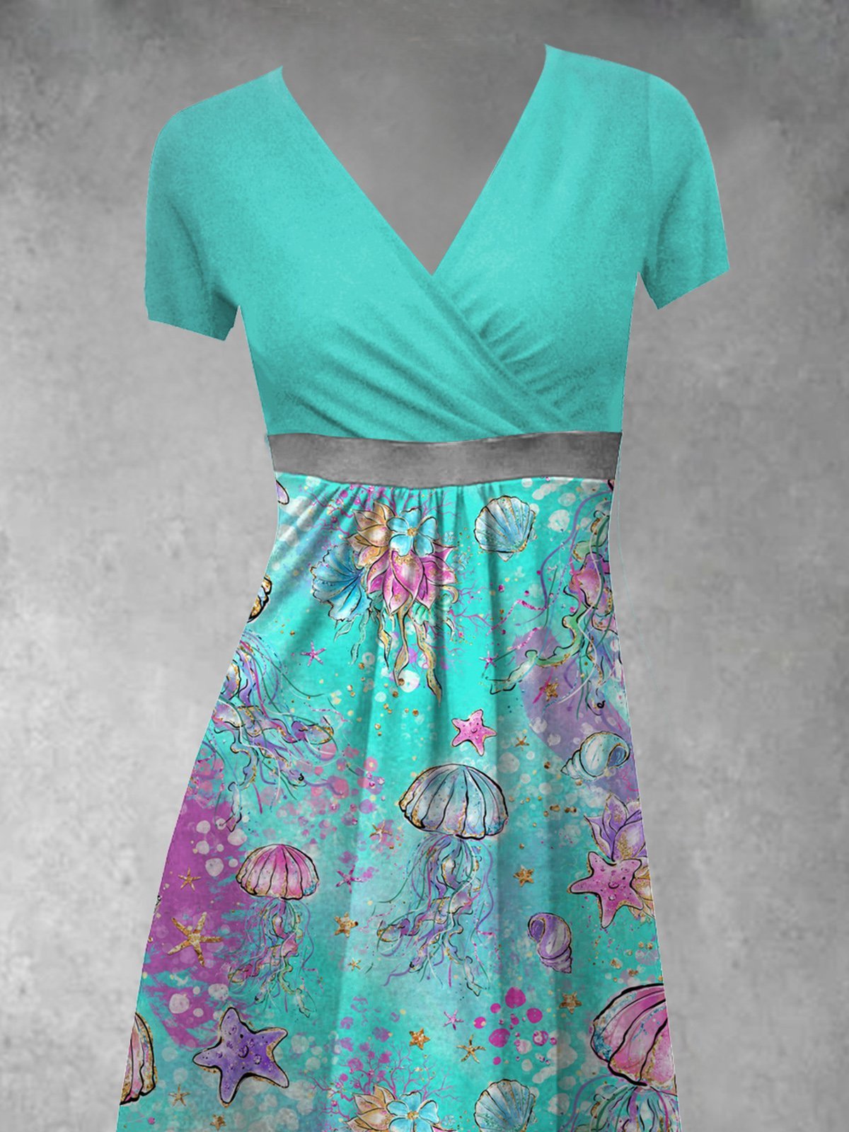Summer Leisure Vacation, Waist Marine Jellyfish Holiday Short Sleeve A-Line Knitting Dress