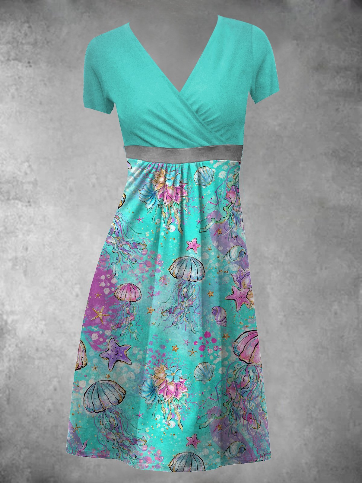 Summer Leisure Vacation, Waist Marine Jellyfish Holiday Short Sleeve A-Line Knitting Dress