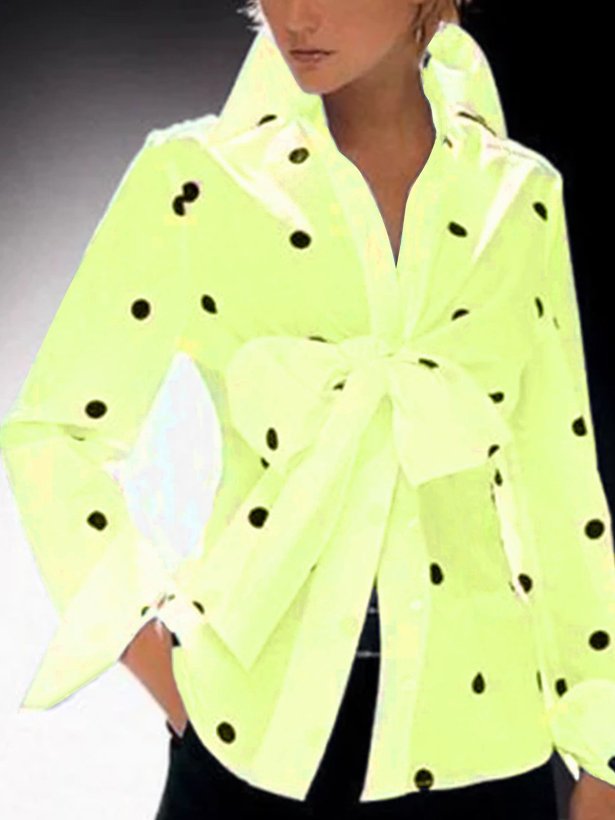 Shirt Collar Long Sleeve Casual Polka Dots Top
