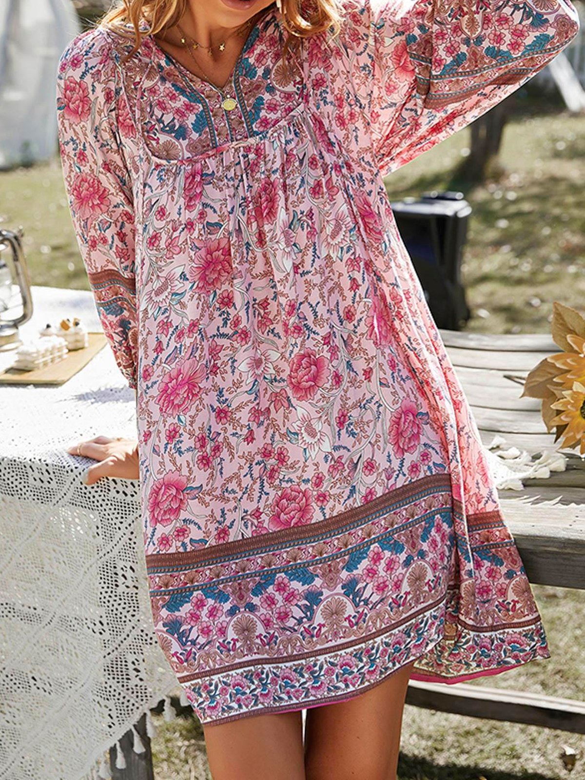 V Neck Casual Floral Loose Dress