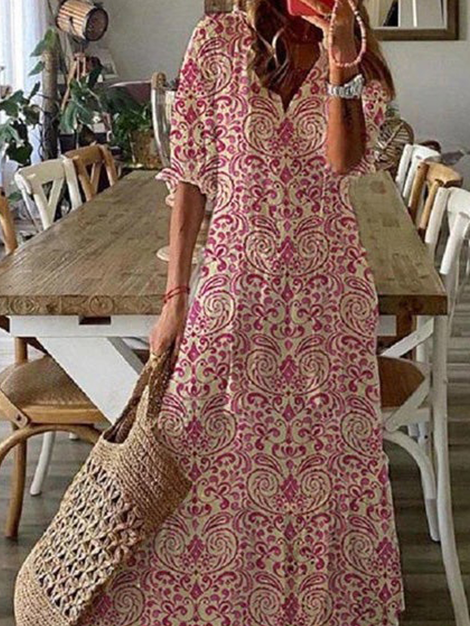 V Neck Loosen Tribal Floral Boho Short sleeve Woven Dress