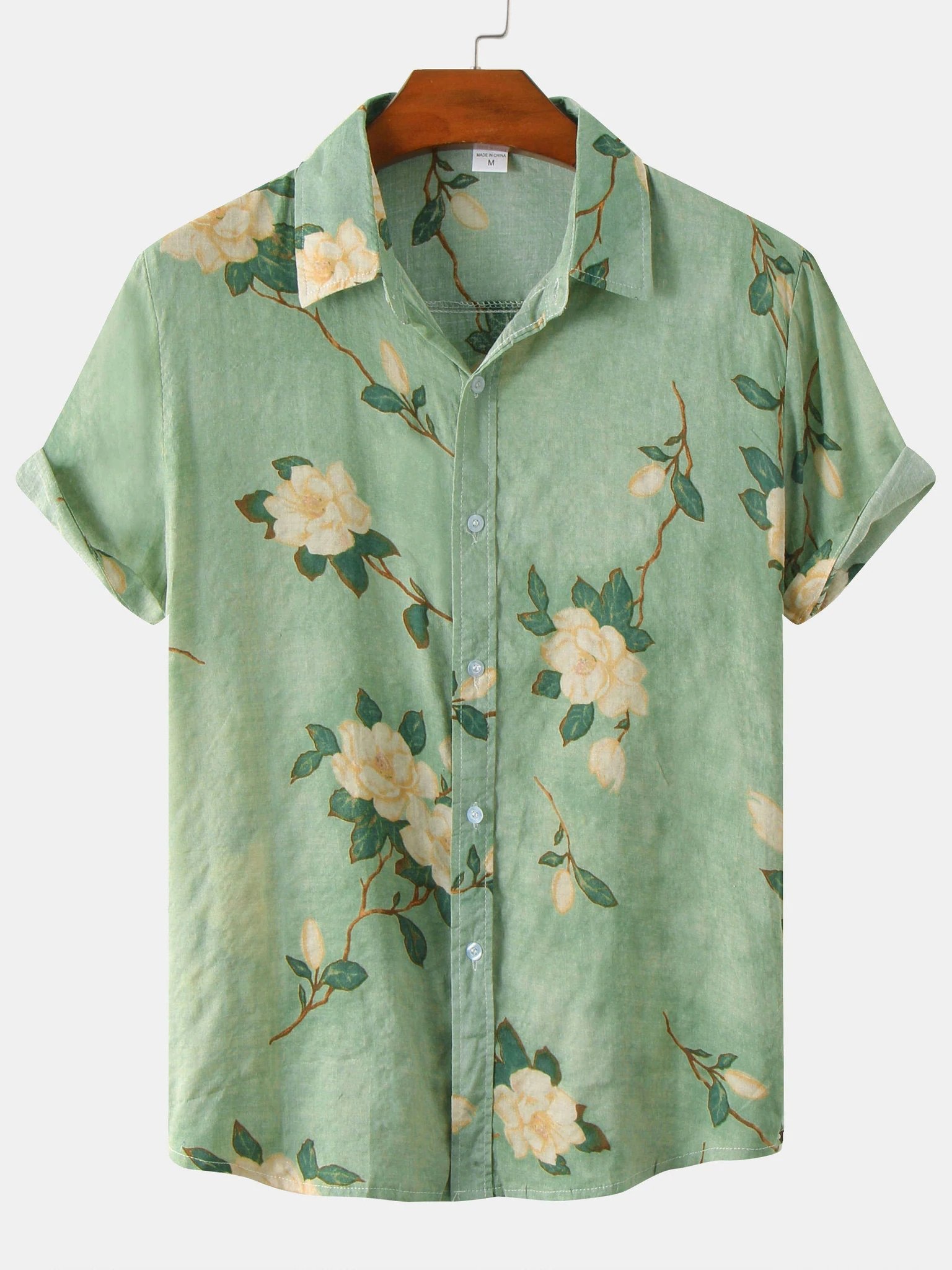 Cotton and Linen Style American Casual Plant Flower Versatile Linen Shirt