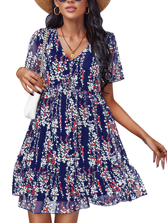 Regular Fit Vacation floral V Neck Short Sleeve Woven Dress