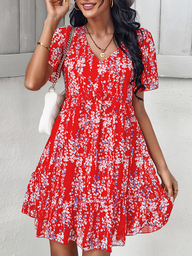 Regular Fit Vacation floral V Neck Short Sleeve Woven Dress