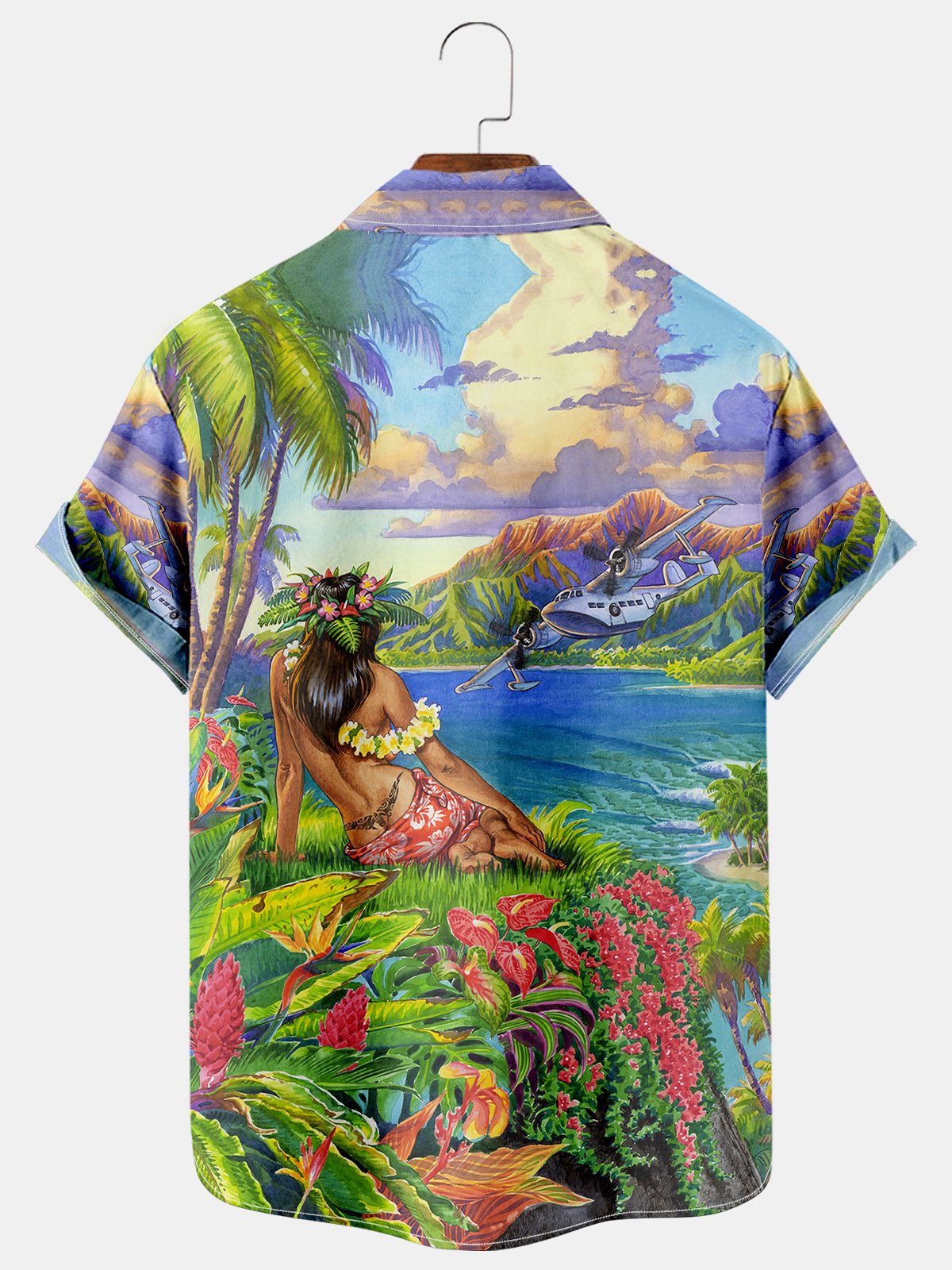Mens Hula Beauty Print Casual Breathable Hawaiian Short Sleeve Shirt