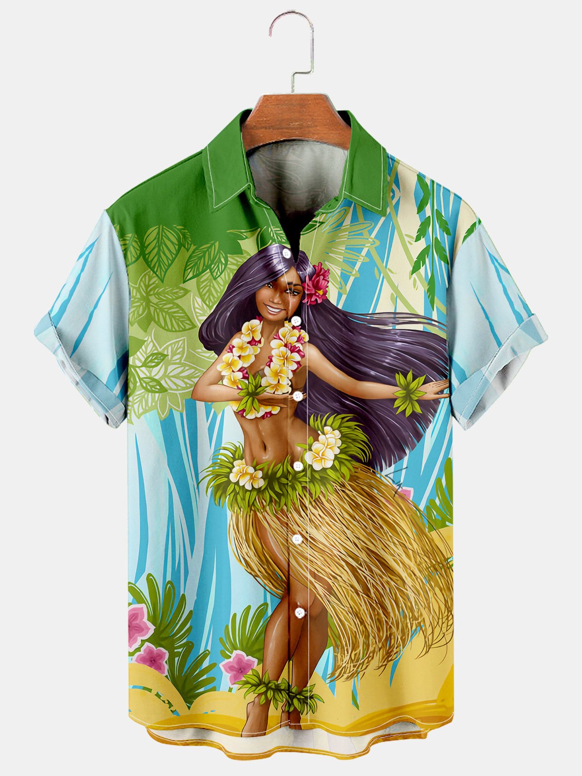 Mens Hula Beauty Print Casual Breathable Hawaiian Short Sleeve Shirt