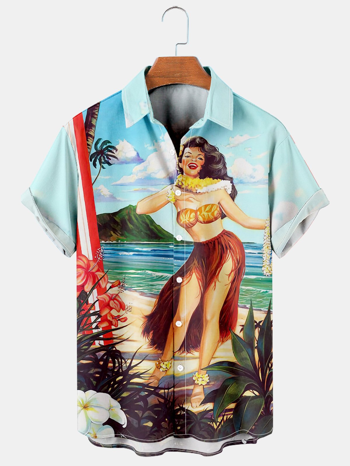 Mens Hula Beauty Print Casual Breathable Hawaiian Short Sleeve Shirt