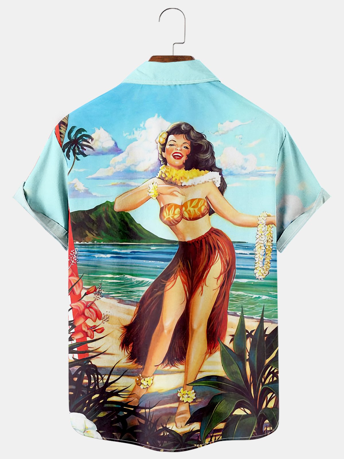 Mens Hula Beauty Print Casual Breathable Hawaiian Short Sleeve Shirt