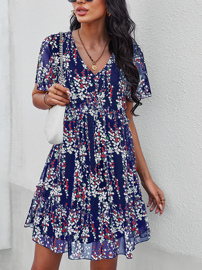Regular Fit Vacation floral V Neck Short Sleeve Woven Dress