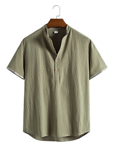 Men's Fashion Color Linen Stand Collar Short Sleeve Shirt