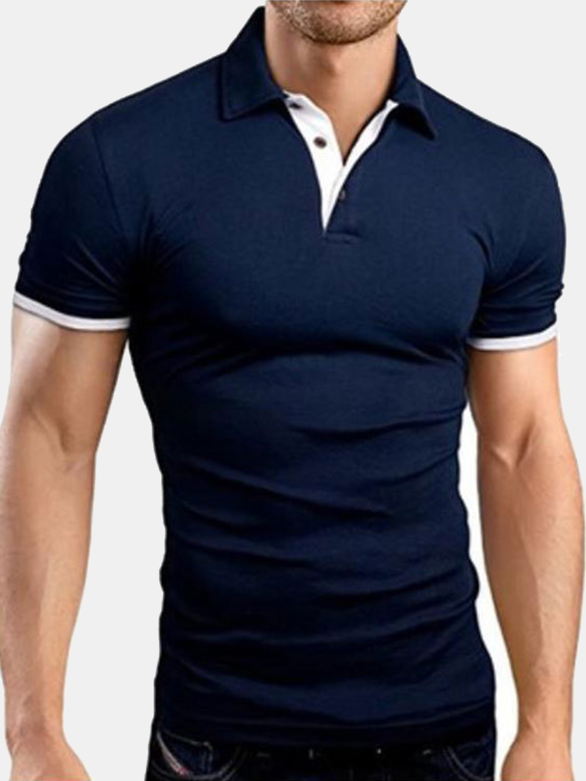 Casual Style Basic Series Contrast Color Element Lapel Short-Sleeved Polo Top