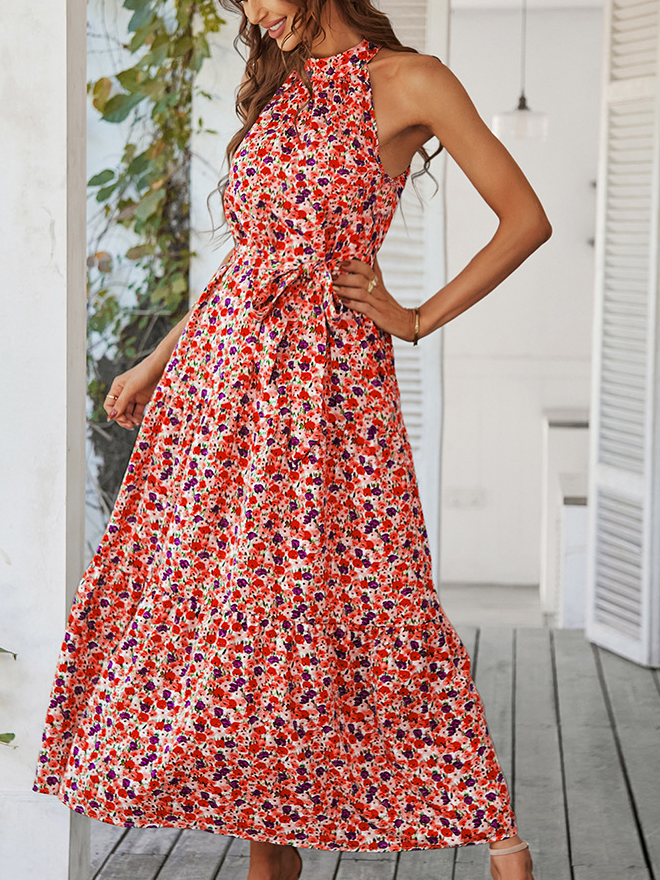 Sexy floral Halter Regular Fit Sleeveless beach Woven Dress