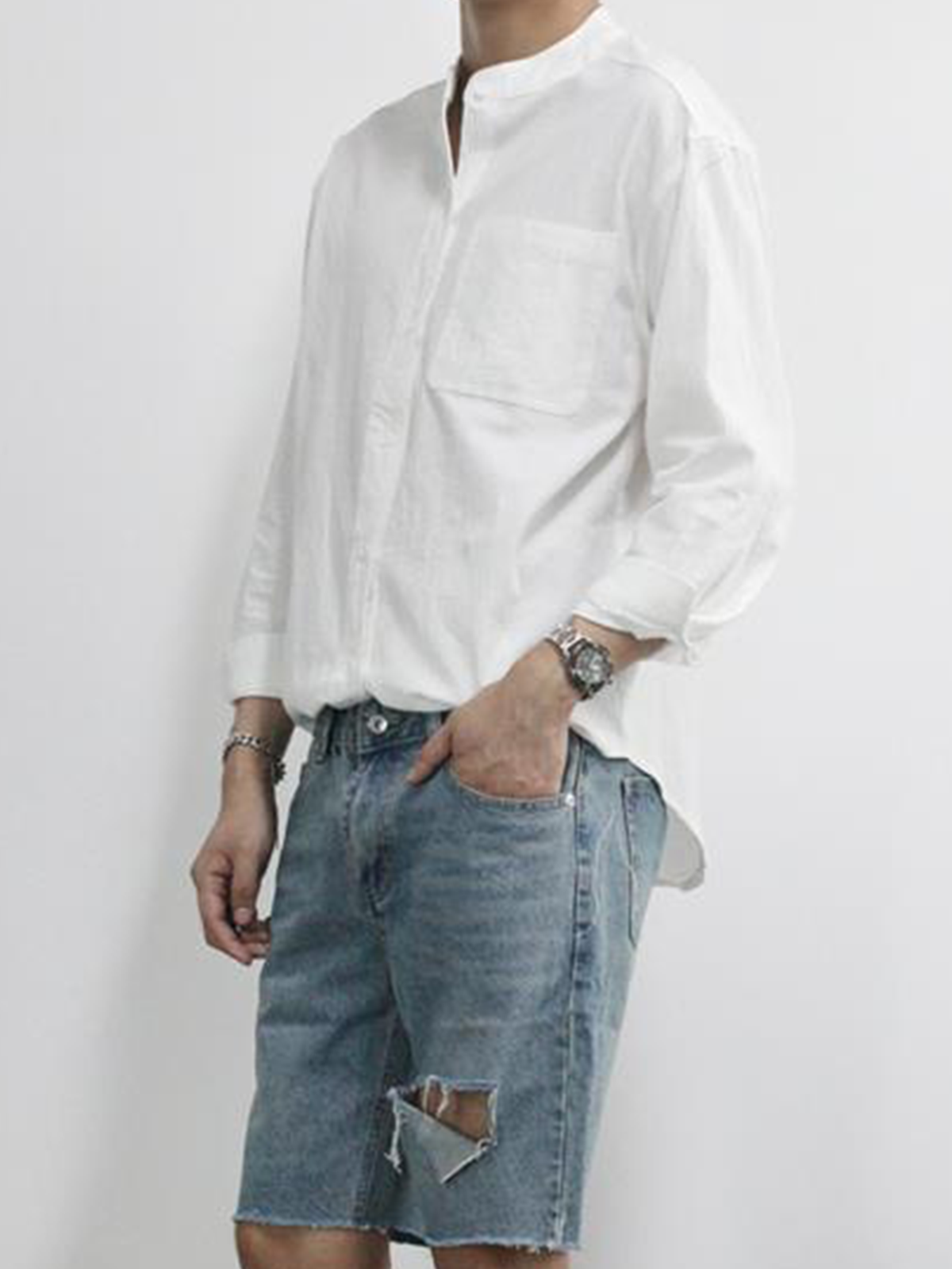 Cotton Linen Style American Casual Basic Versatile Linen Shirt