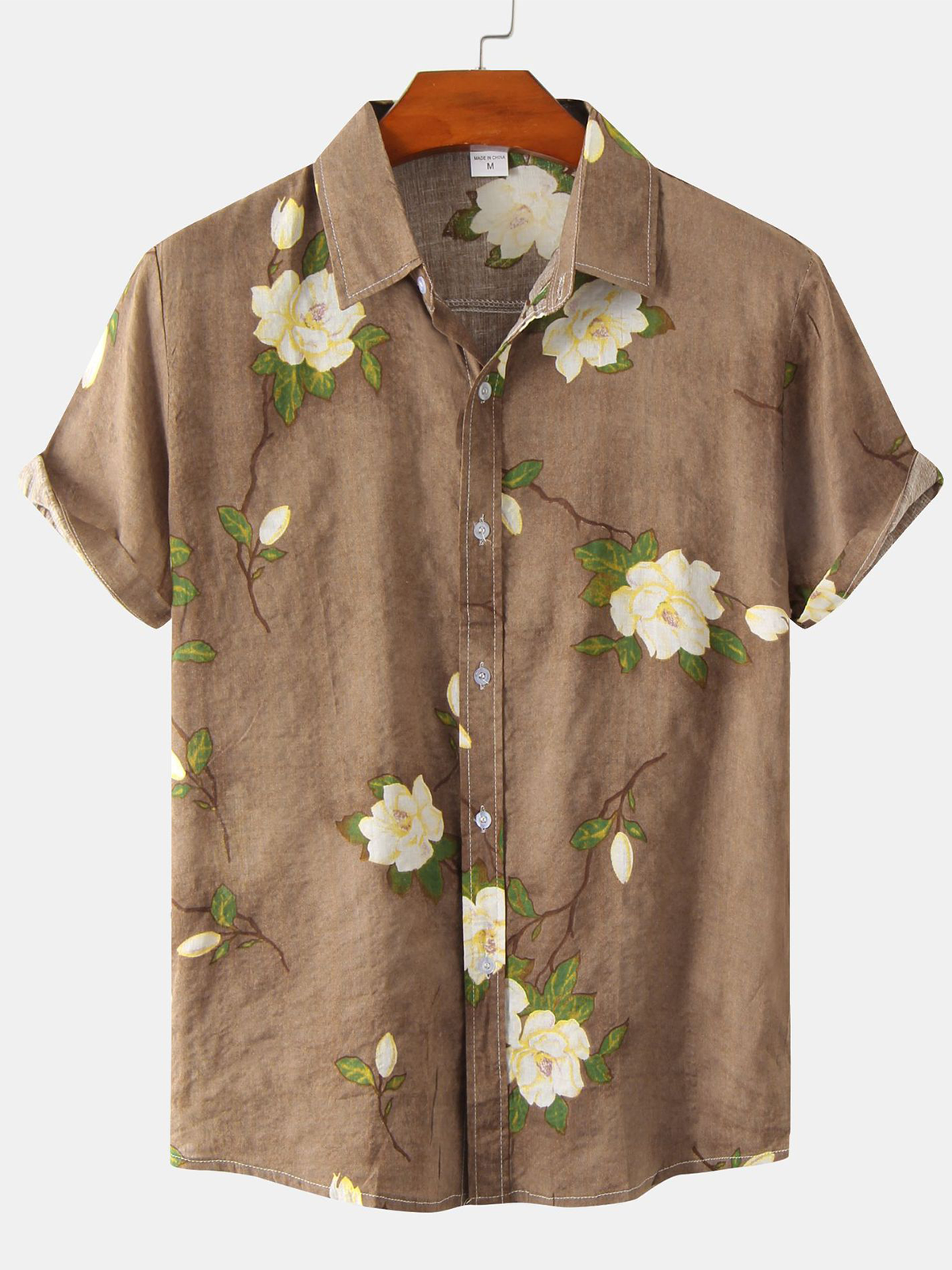 Cotton and Linen Style American Casual Plant Flower Versatile Linen Shirt