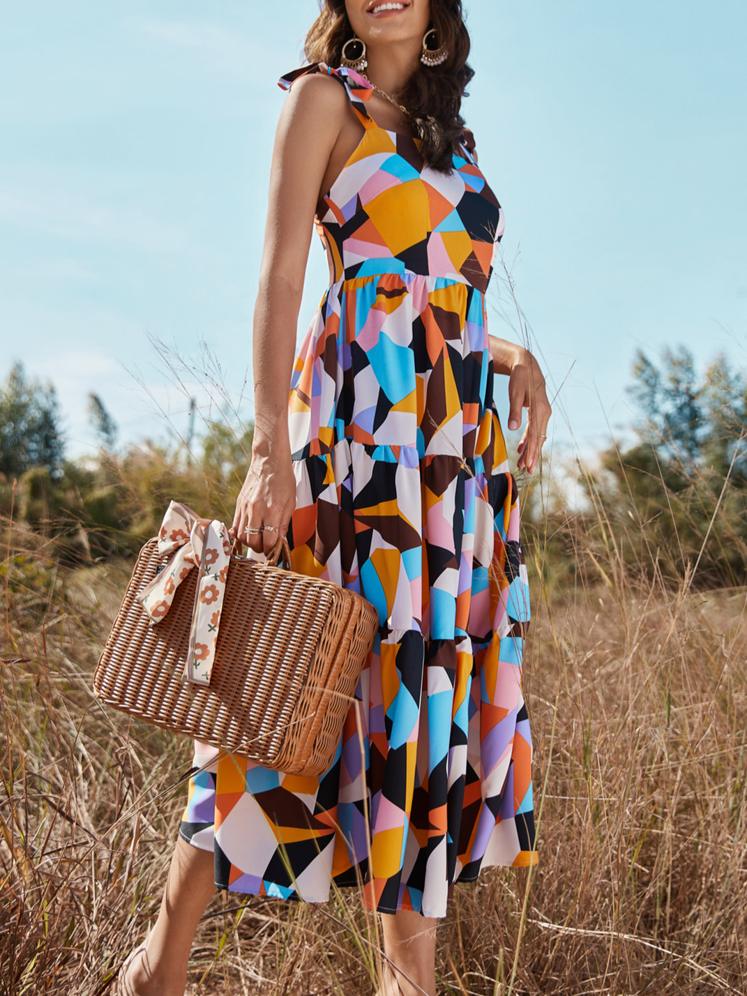 vacation beach Spaghetti Color Block Boho Short Sleeve Woven Dress