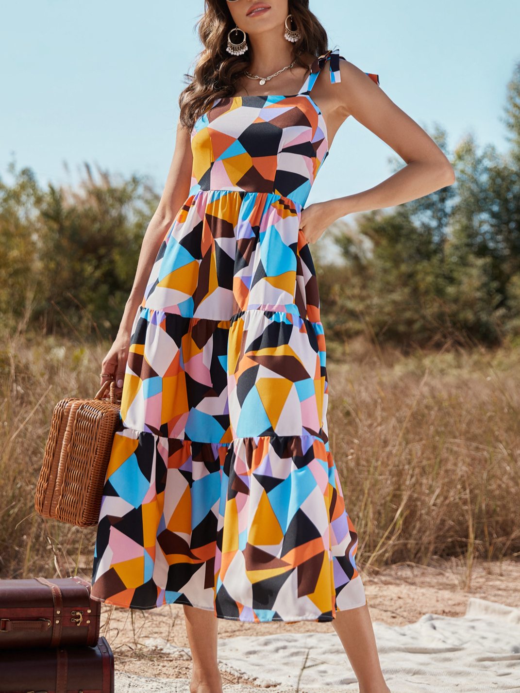 vacation beach Spaghetti Color Block Boho Short Sleeve Woven Dress