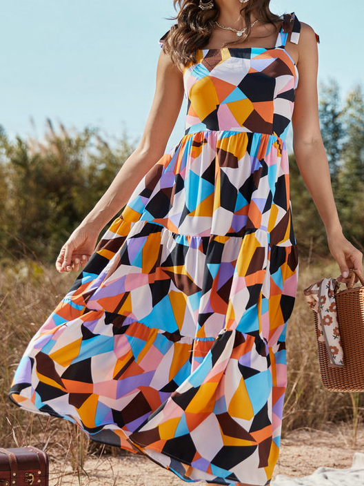 vacation beach Spaghetti Color Block Boho Short Sleeve Woven Dress