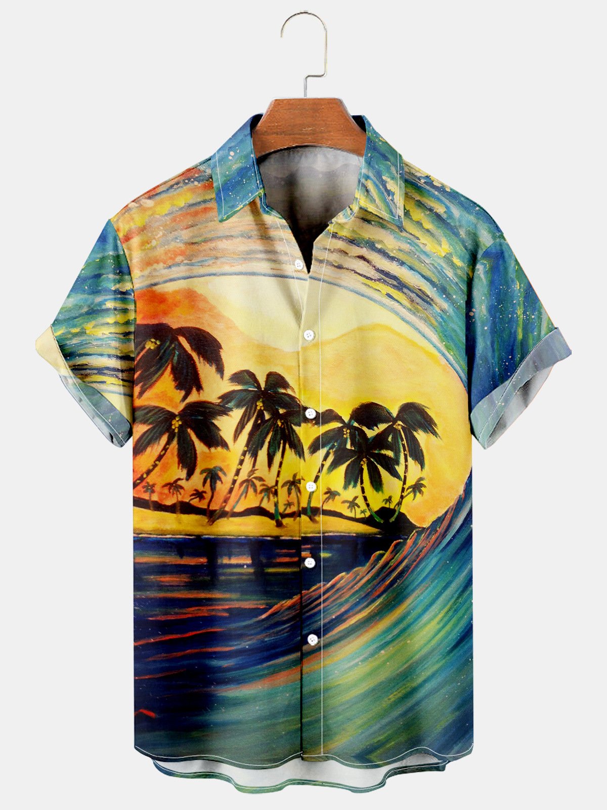 Mens Wave Coconut Tree Print Casual Breathable Hawaiian Short Sleeve Shirt