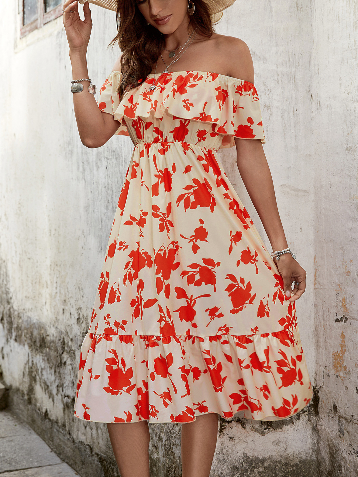 Floral Frill Sleeve Boat Neck Short Sleeve Woven Dress