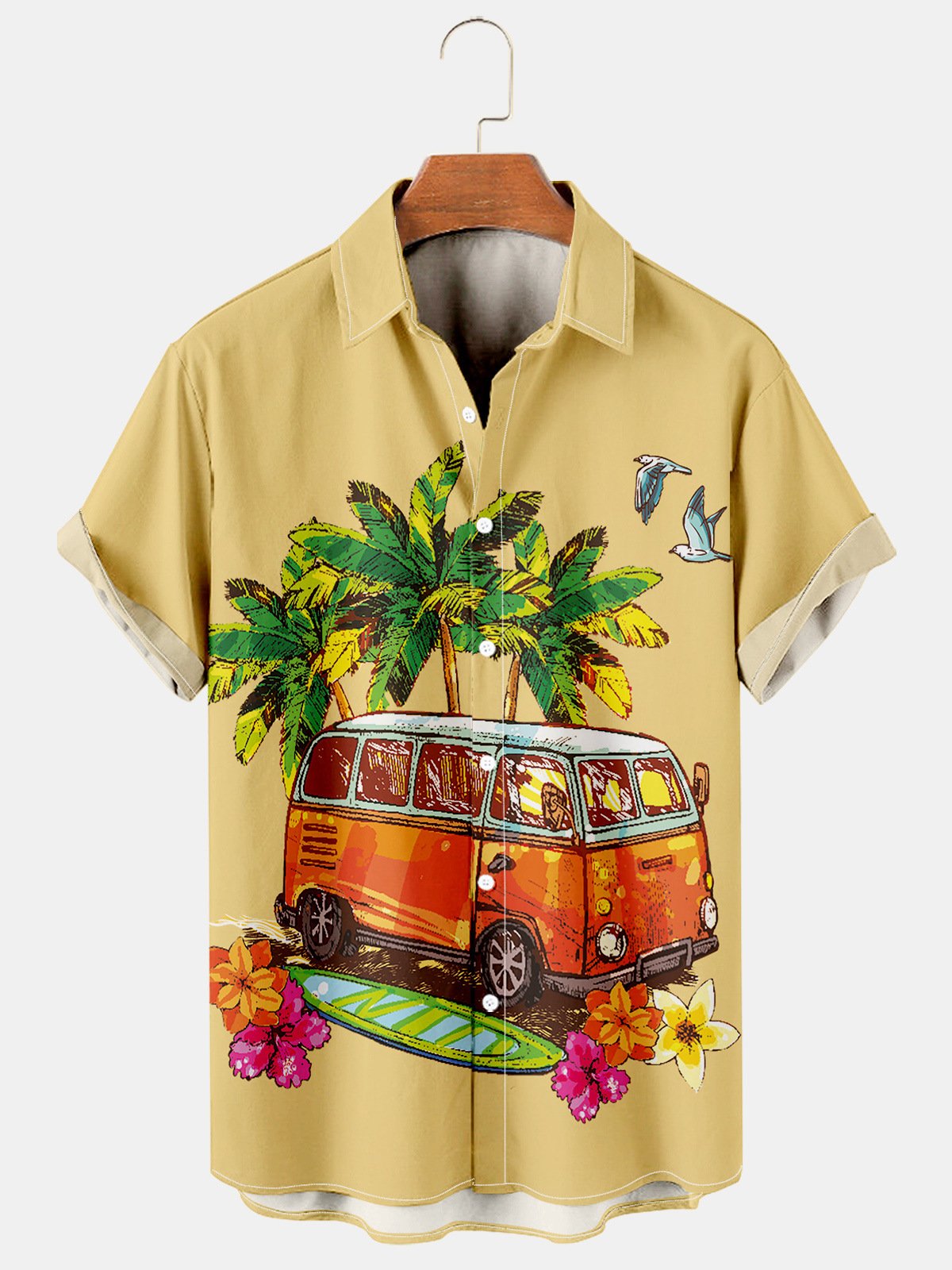 Men's Coconut Tree Print Casual Vacation Short Sleeve Hawaiian Shirt