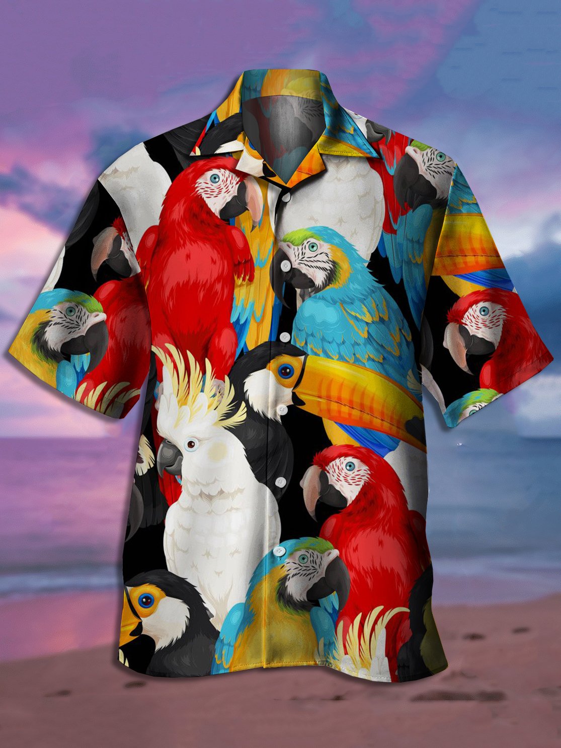 Mens Hawaiian Parrots Print Casual Short Sleeve Aloha Shirt