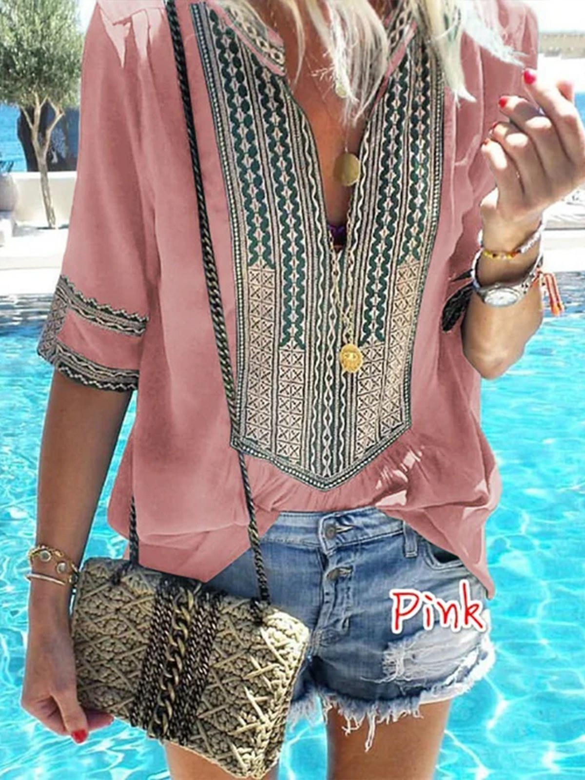 Mostata Ethnic Style Striped V-Neck Casual T-Shirt