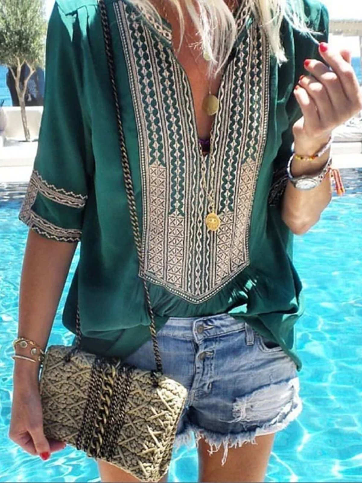 Mostata Ethnic Style Striped V-Neck Casual T-Shirt