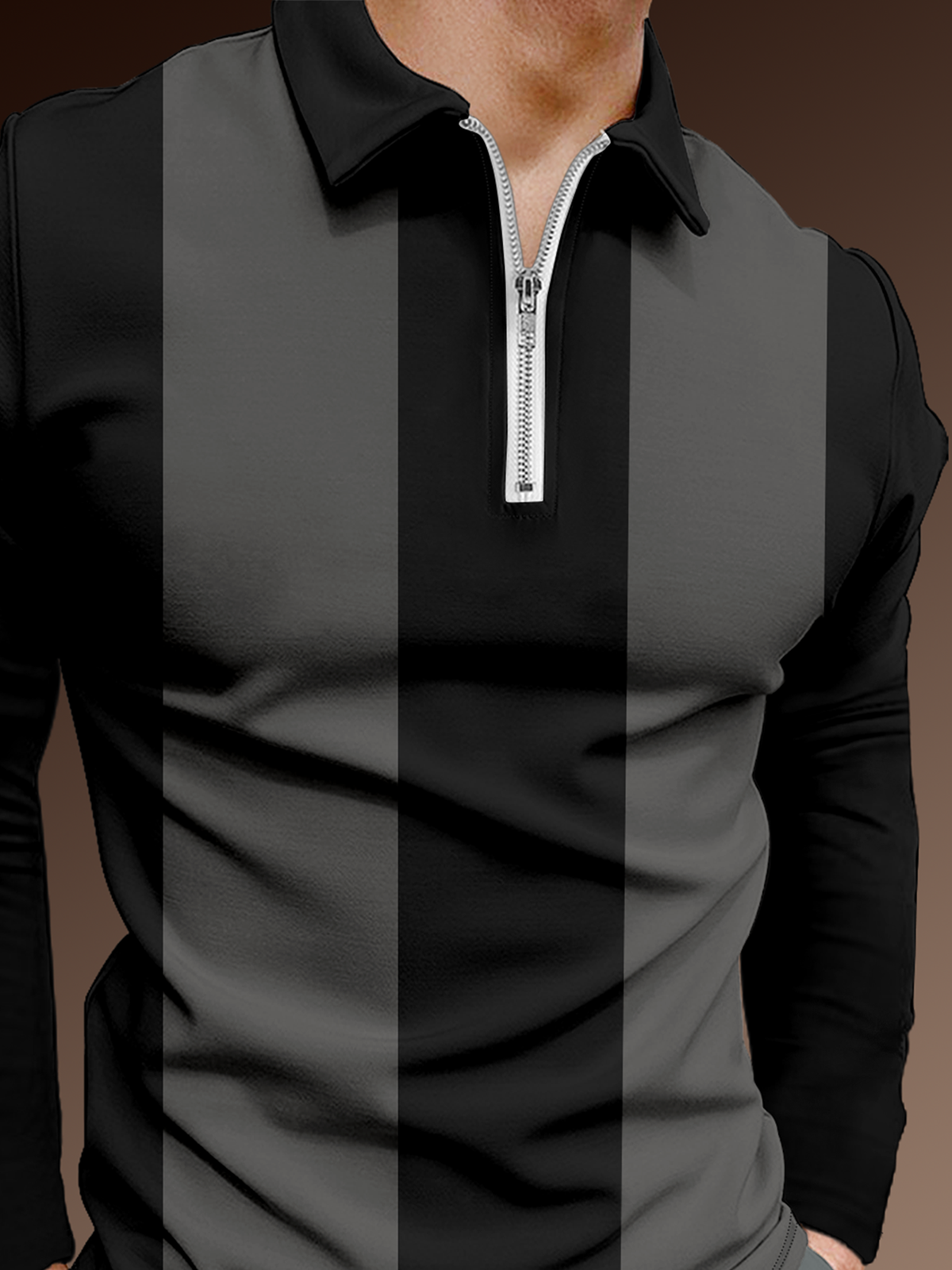 Casual Art Collection Geometric Stripes Color Block Pattern Lapel Long Sleeve Polo Print Top