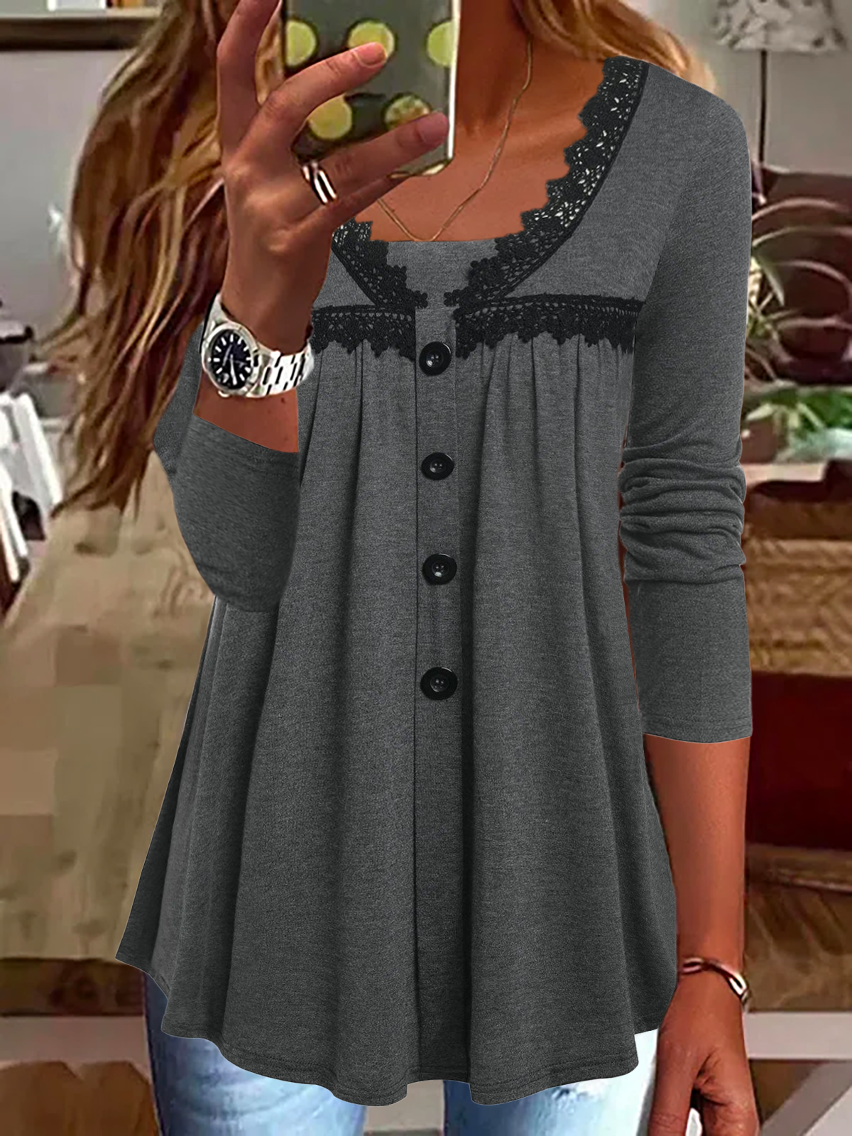 Long Sleeve Plain Jersey Lace Casual Loose Top