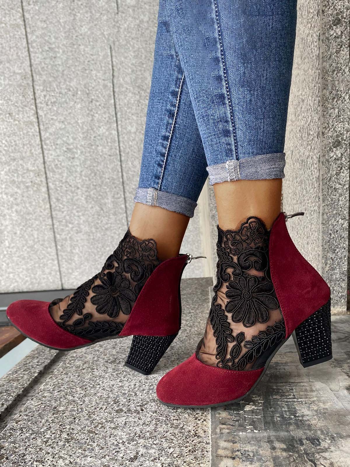 Lace Split Joint Chunky Heel Sandals Boots with Back Zip