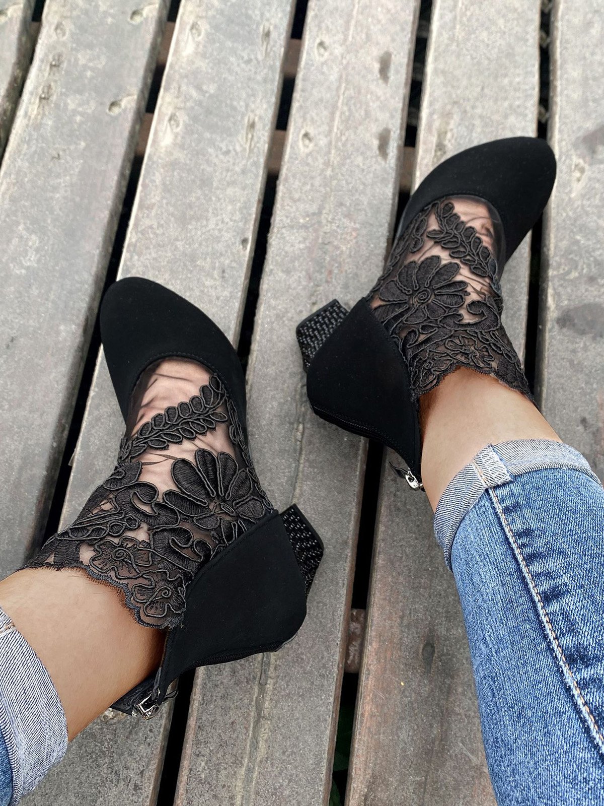 Lace Split Joint Chunky Heel Sandals Boots with Back Zip