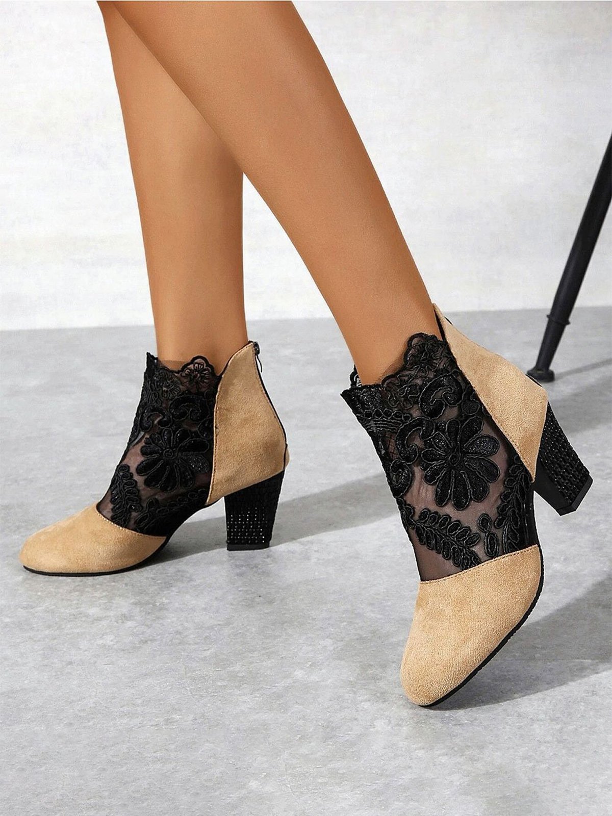 Lace Split Joint Chunky Heel Sandals Boots with Back Zip