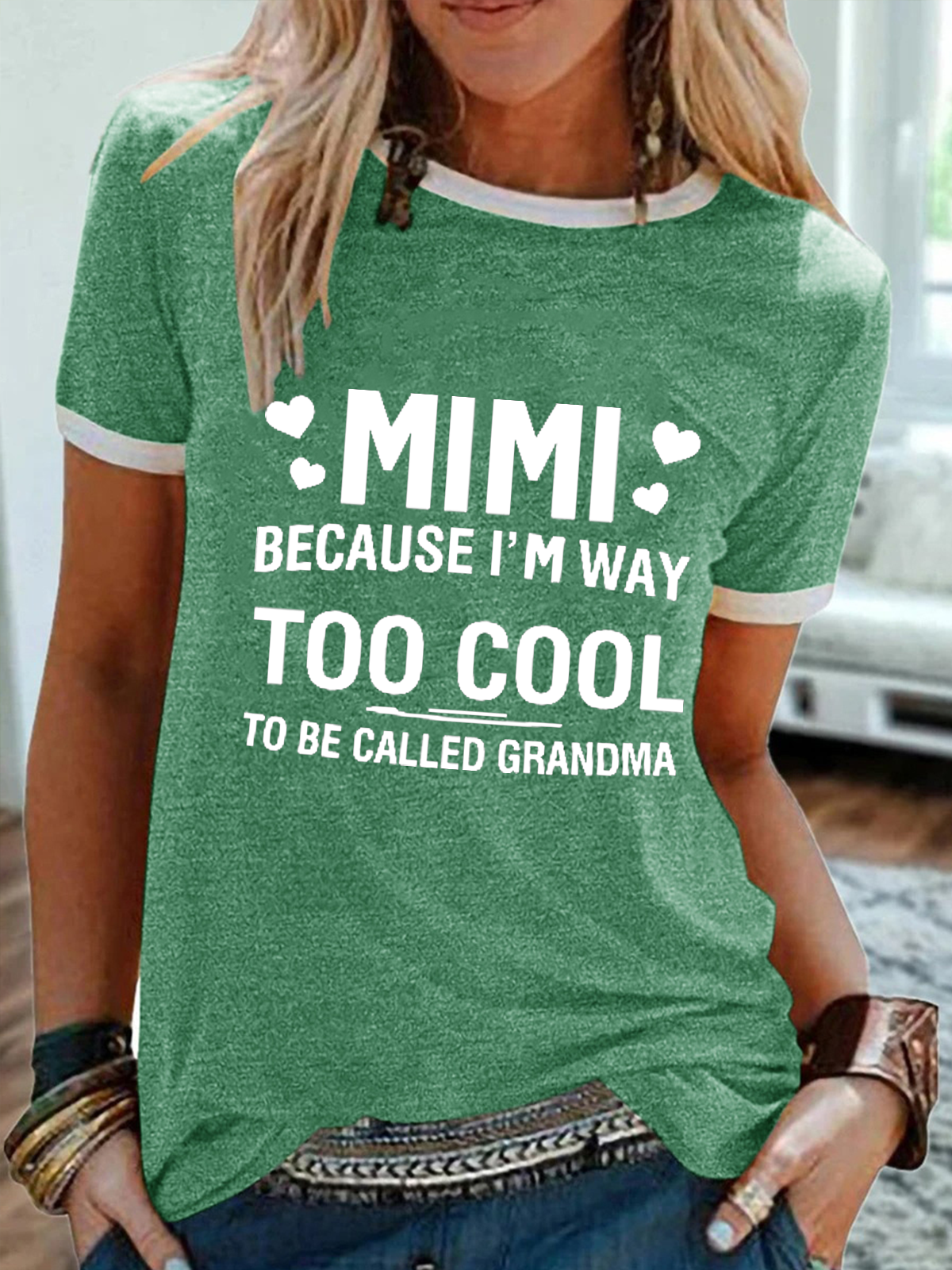 Women's MIMI Because I'M Way Too Cool To Be Called Grandma Funny Text Letters Simple T-Shirt