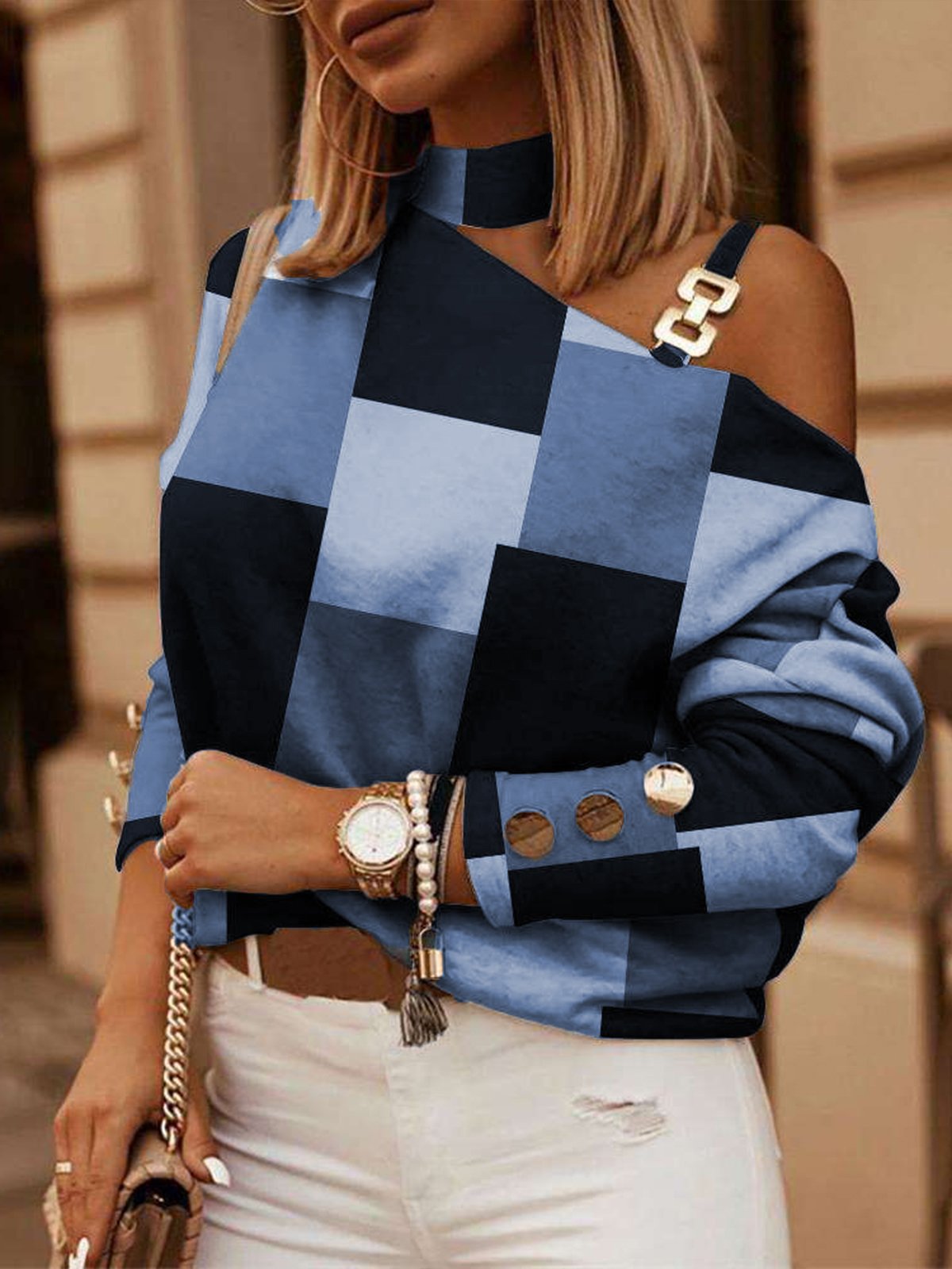 Urban Geometric Crew Neck Loose Blouse