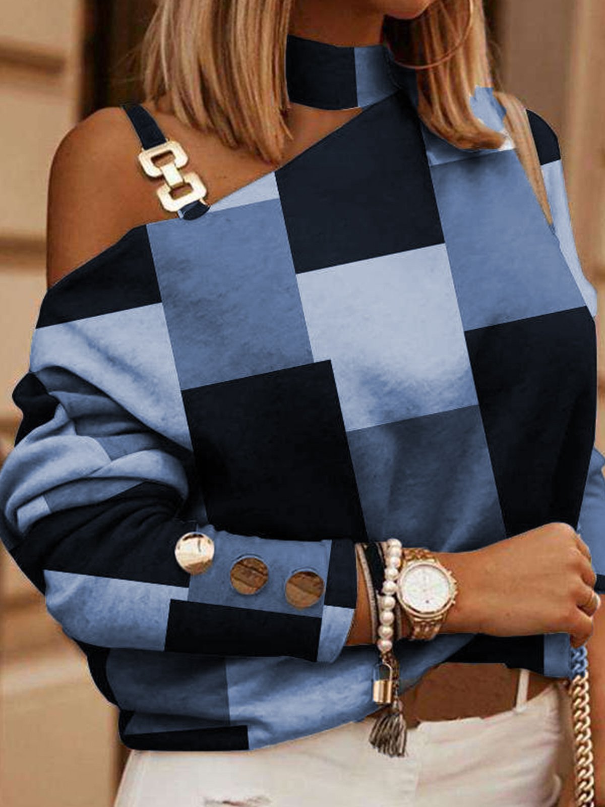 Urban Geometric Crew Neck Loose Blouse