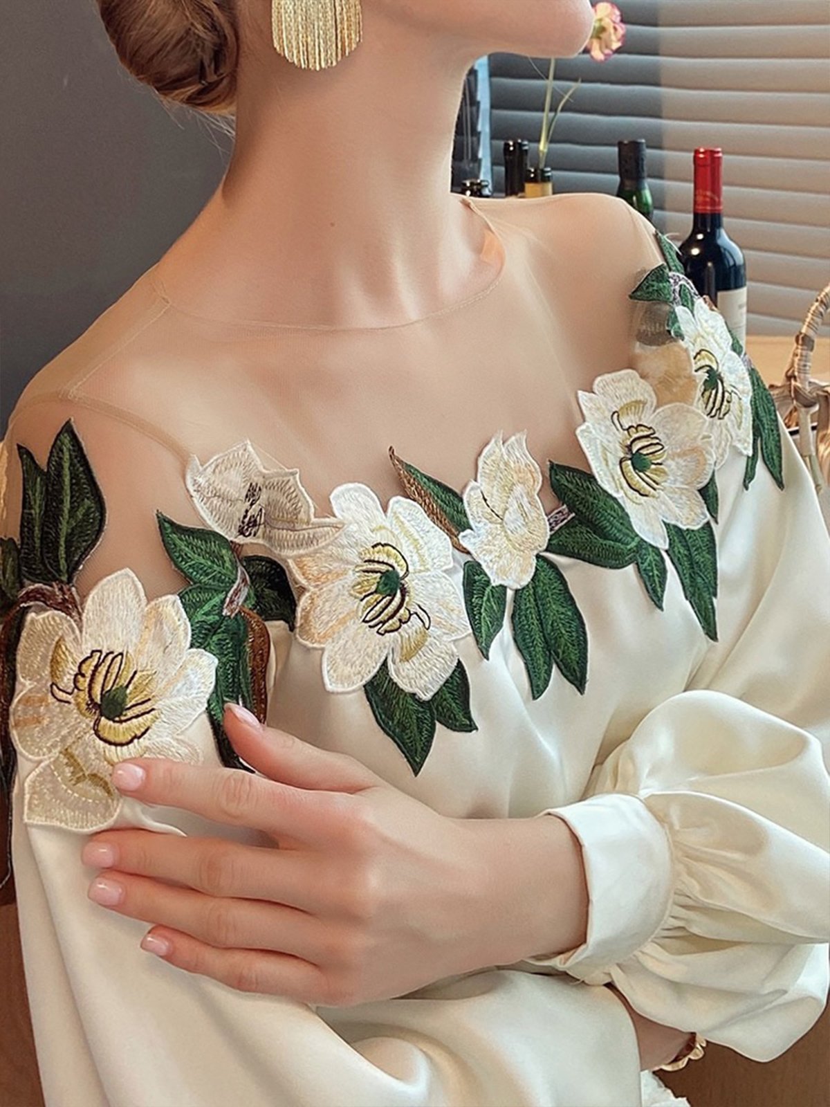 Crew Neck Elegant Long Sleeve Floral Blouse